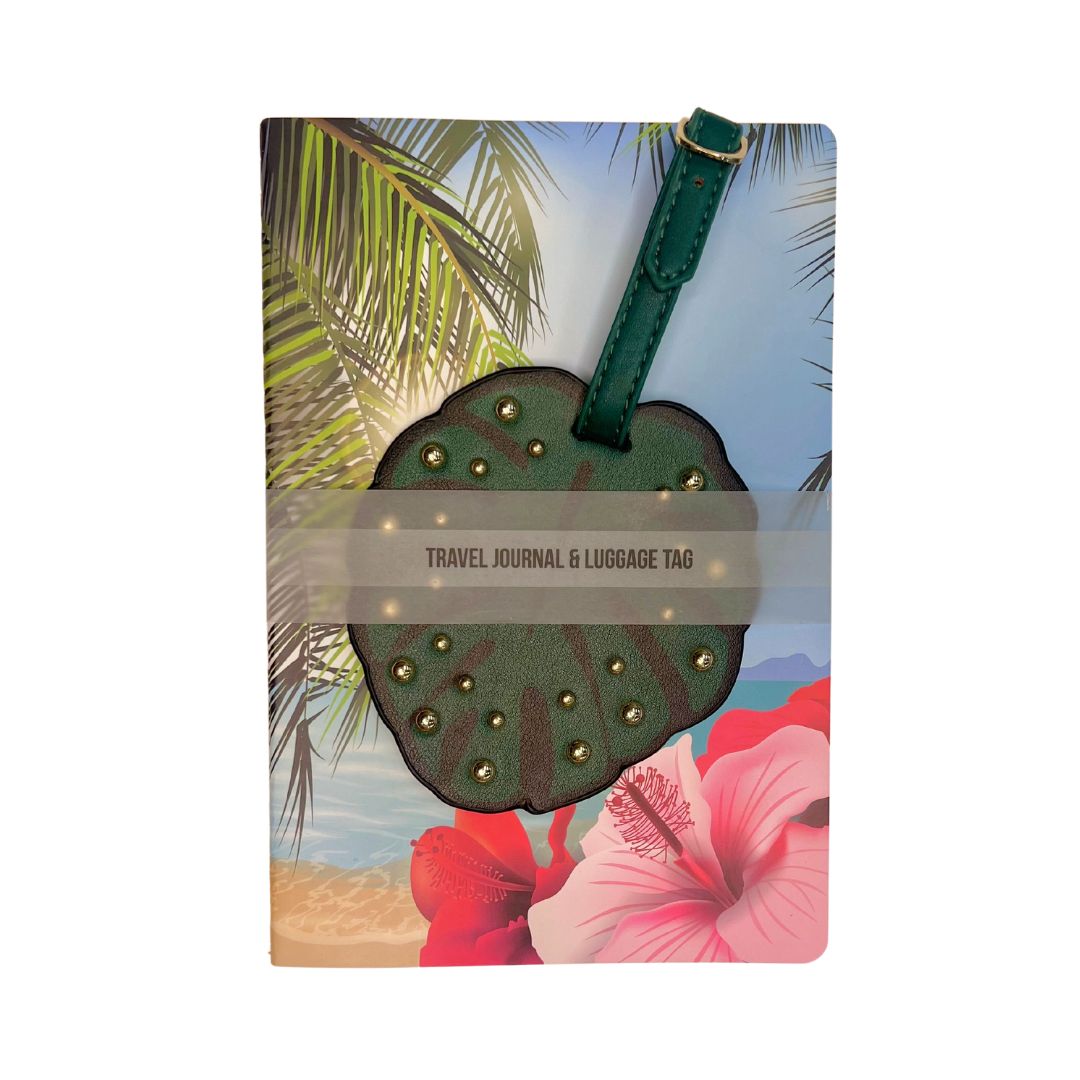 Tropical Travel Journal & Palm Leaf Vegan Leather Luggage Tag Set