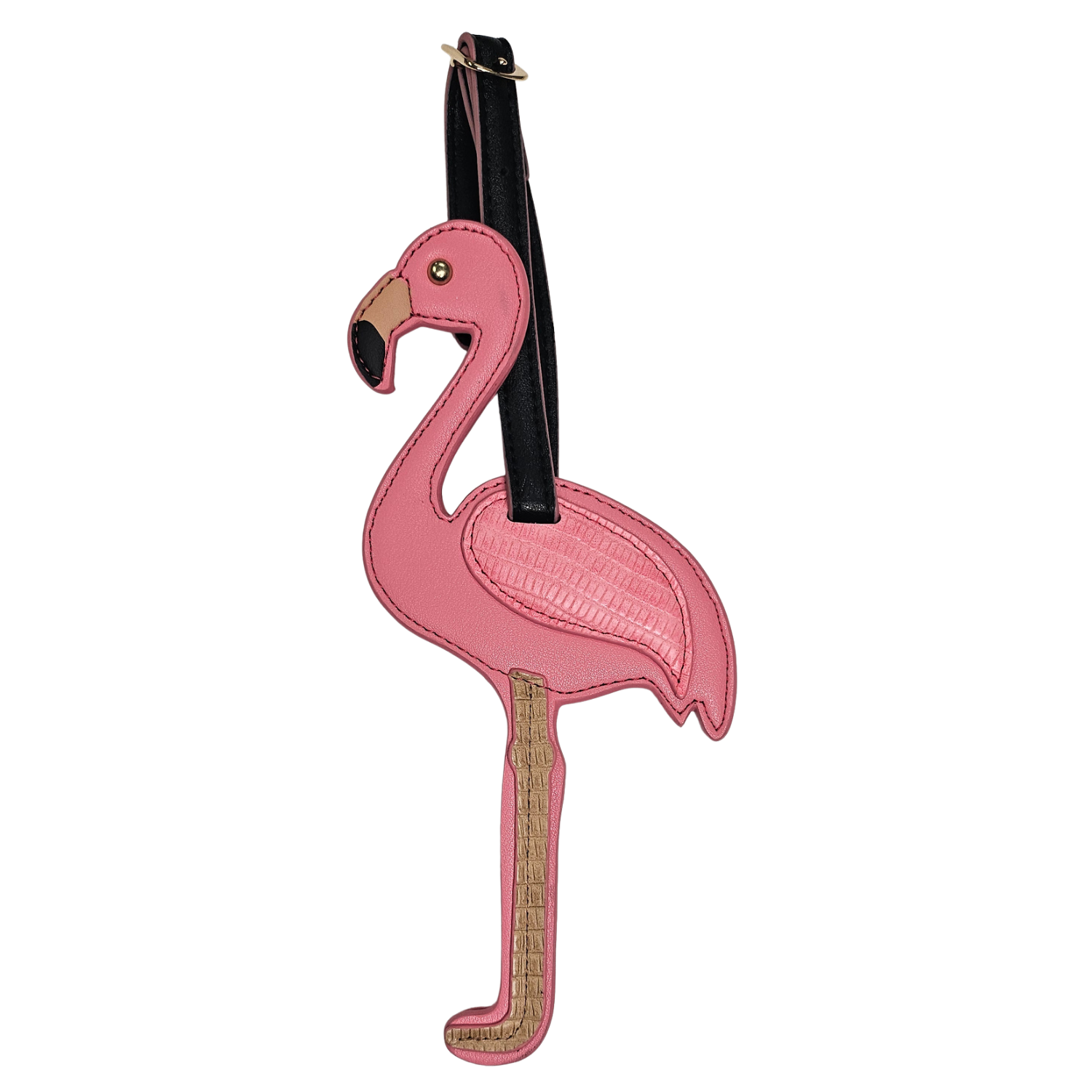 Pink flamingo-shaped luggage tag on a white background