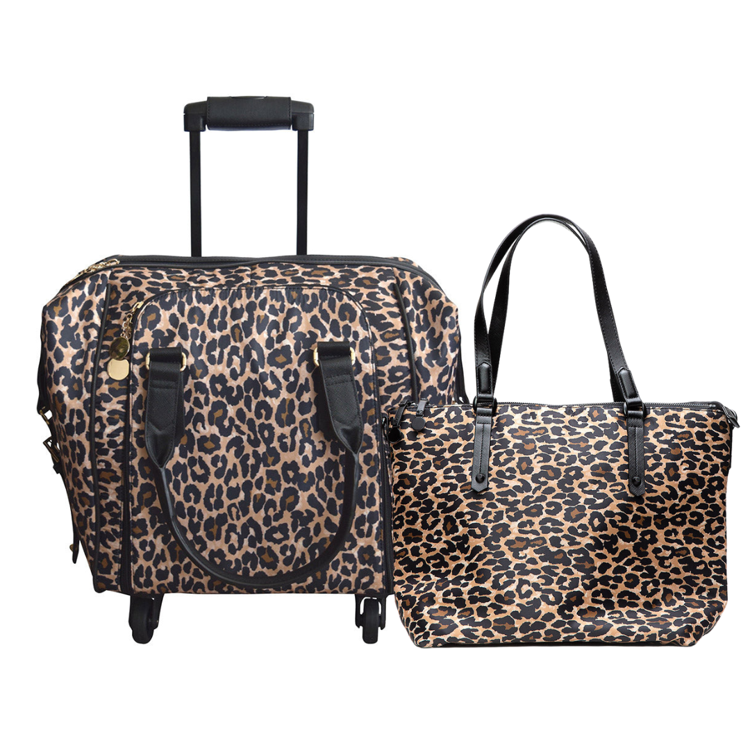 Catalina Leopard Nylon Rolling Carry-On and Tote Set