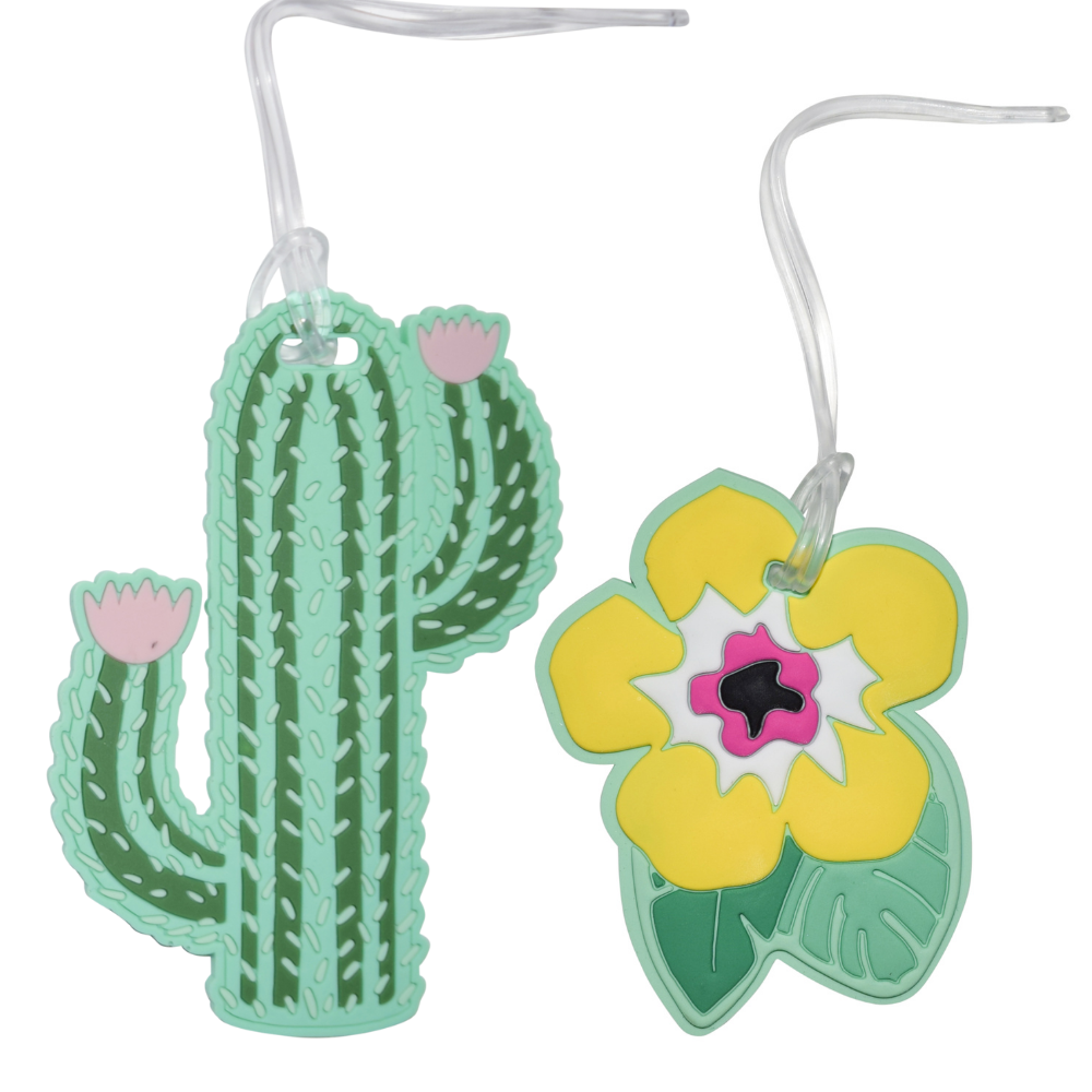 Natural Cactus & Yellow Flower Silicone Luggage Tag Set of 2