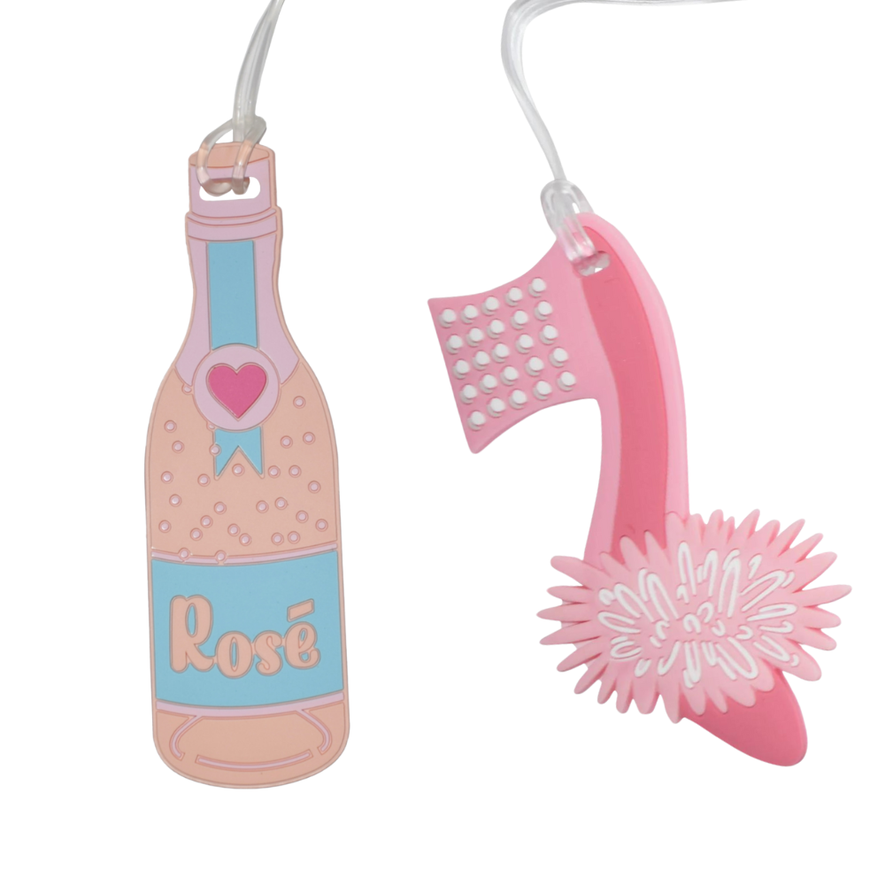Fuzzy Heel & Rose Bottle Silicone Luggage Tag Set of 2