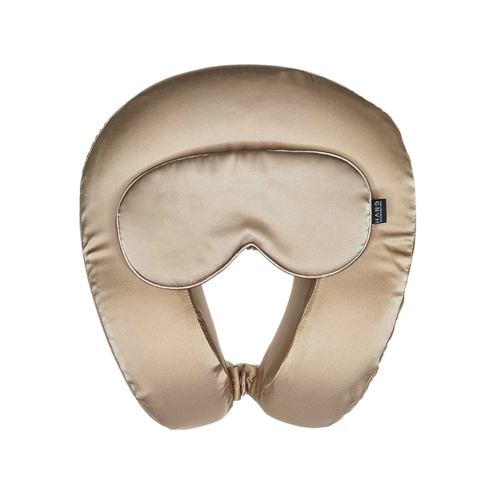 Taupe Satin Memory Foam Neck Pillow and Satin Eye Mask Set