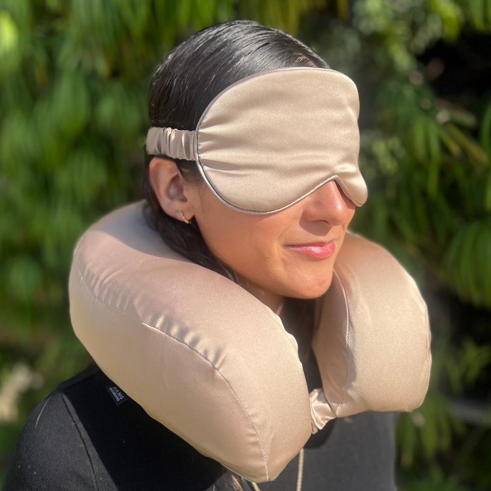 Taupe Satin Memory Foam Neck Pillow and Satin Eye Mask Set