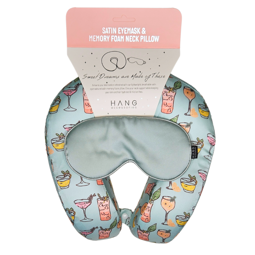 Tropical Cocktails Satin Memory Foam Neck Pillow and Seafoam Satin Eye Mask Set