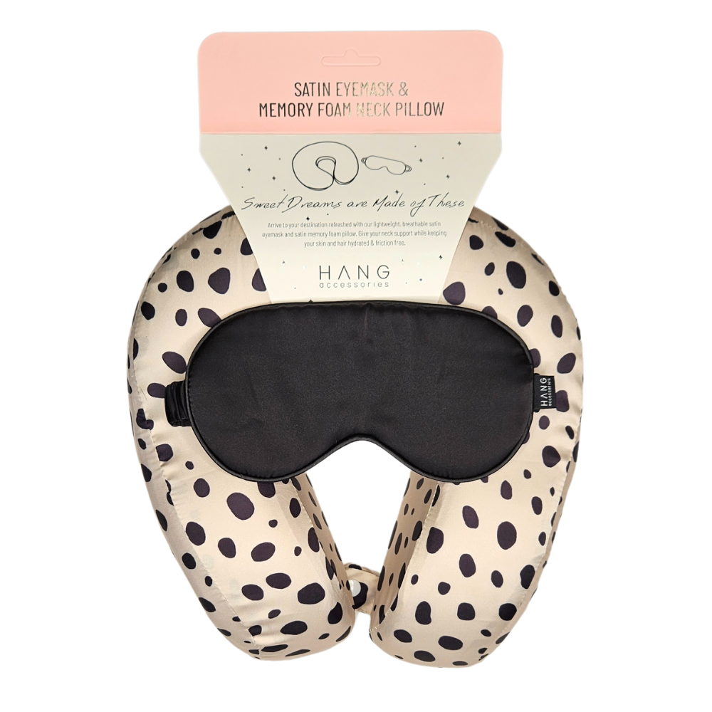 Cheetah Spot Satin Memory Foam Neck Pillow and Black Satin Eye Mask Set