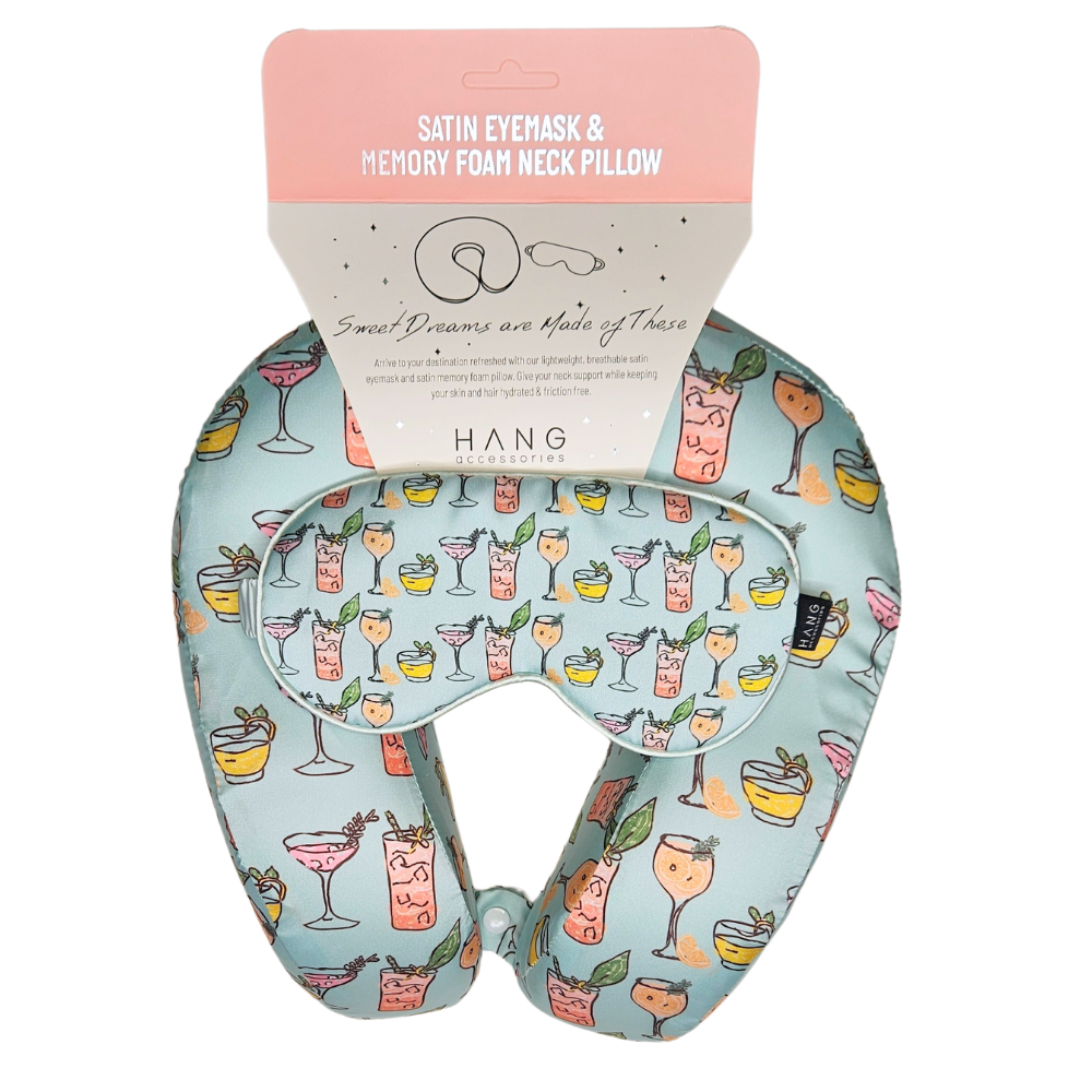 Tropical Cocktails Satin Memory Foam Neck Pillow and Cocktails Satin Eye Mask Set