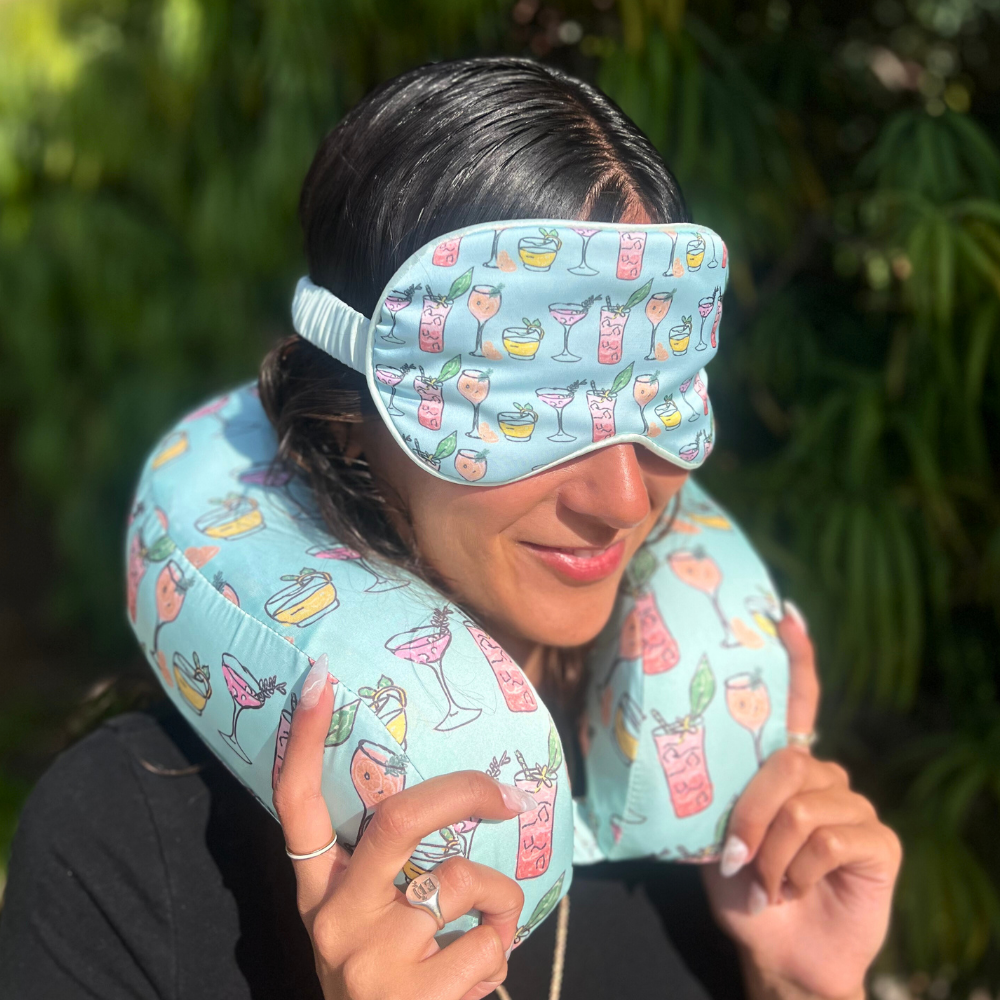 Tropical Cocktails Satin Memory Foam Neck Pillow and Cocktails Satin Eye Mask Set