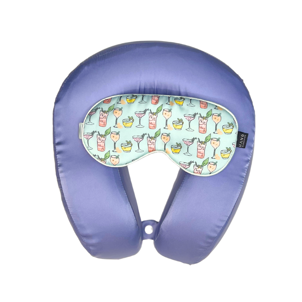 Periwinkle Satin Memory Foam Neck Pillow and Cocktails Satin Eye Mask Set