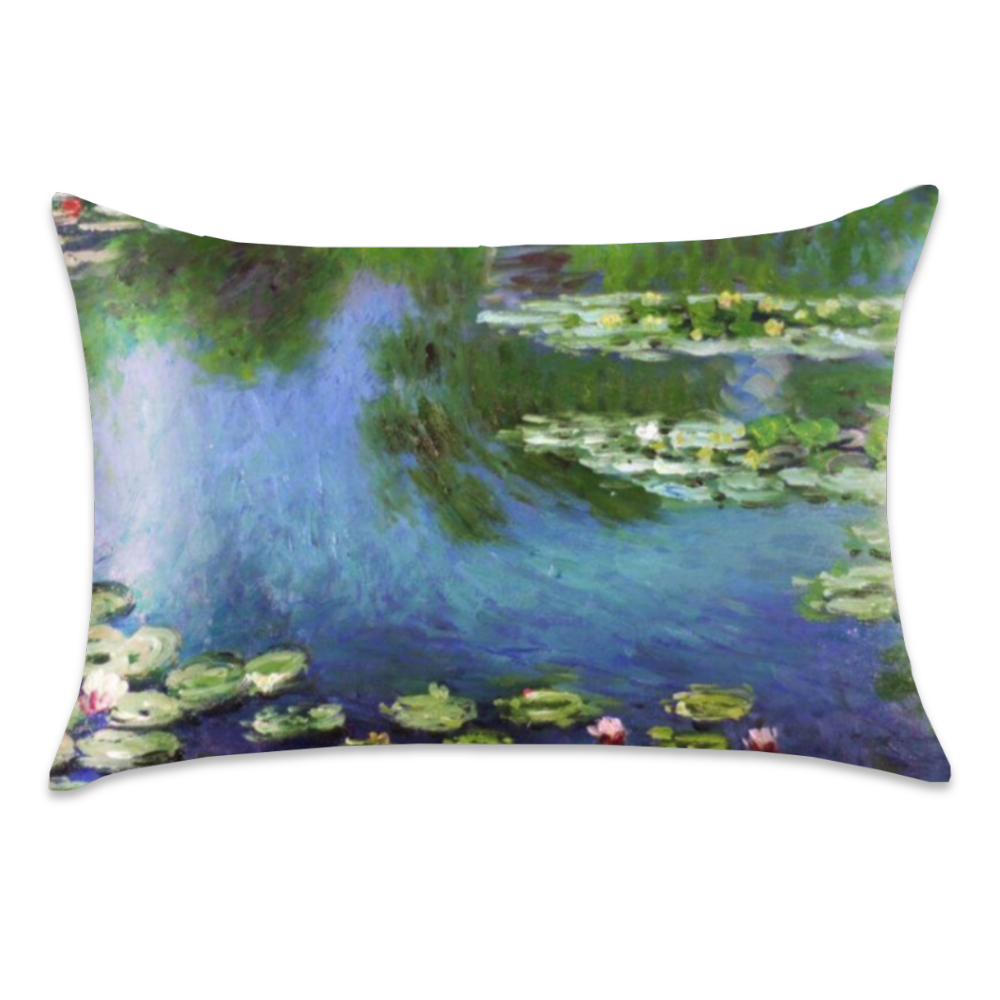 Water Lilies satin pillowcase featuring an impressionist pond scene with green lily pads, pink blooms, and blue water.