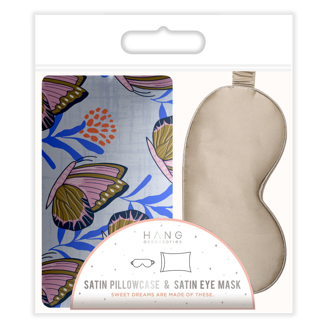 Butterflies Satin Pillowcase & Taupe Satin Eye Mask Sleep Set