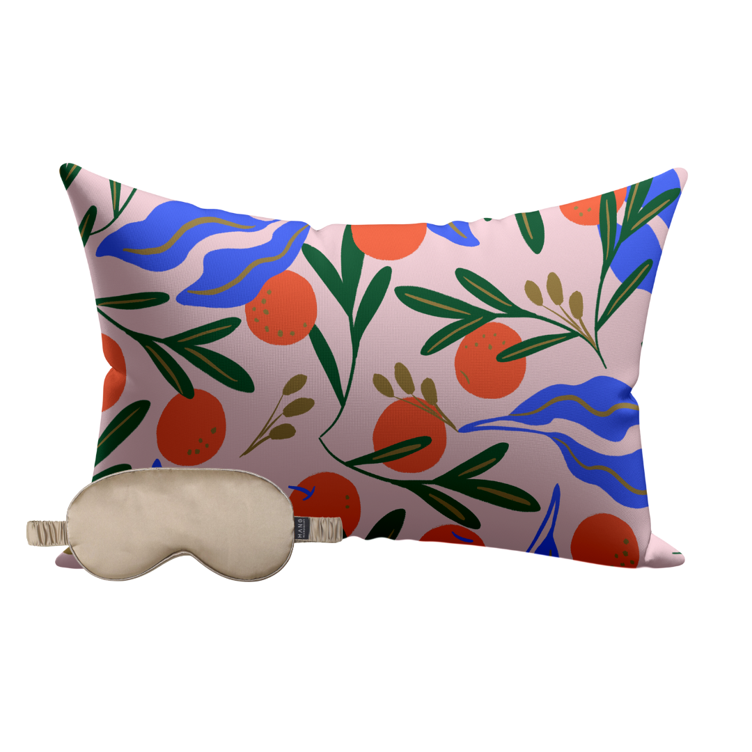 Italian Orange Satin Pillowcase & Taupe Satin Eye Mask Sleep Set