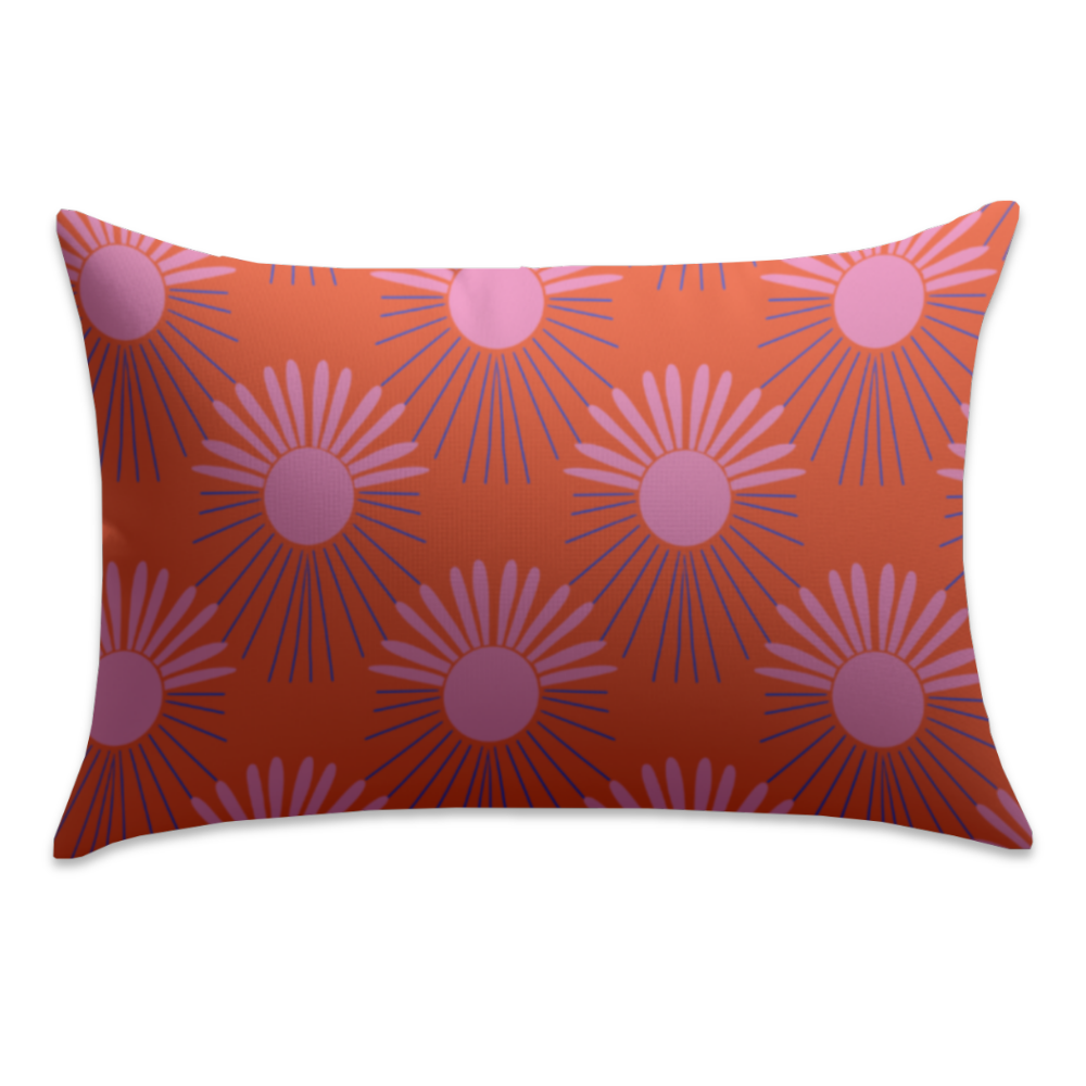 Hang Accessories Burning Sun satin pillowcase featuring pink sunbursts with black rays on an orange background.