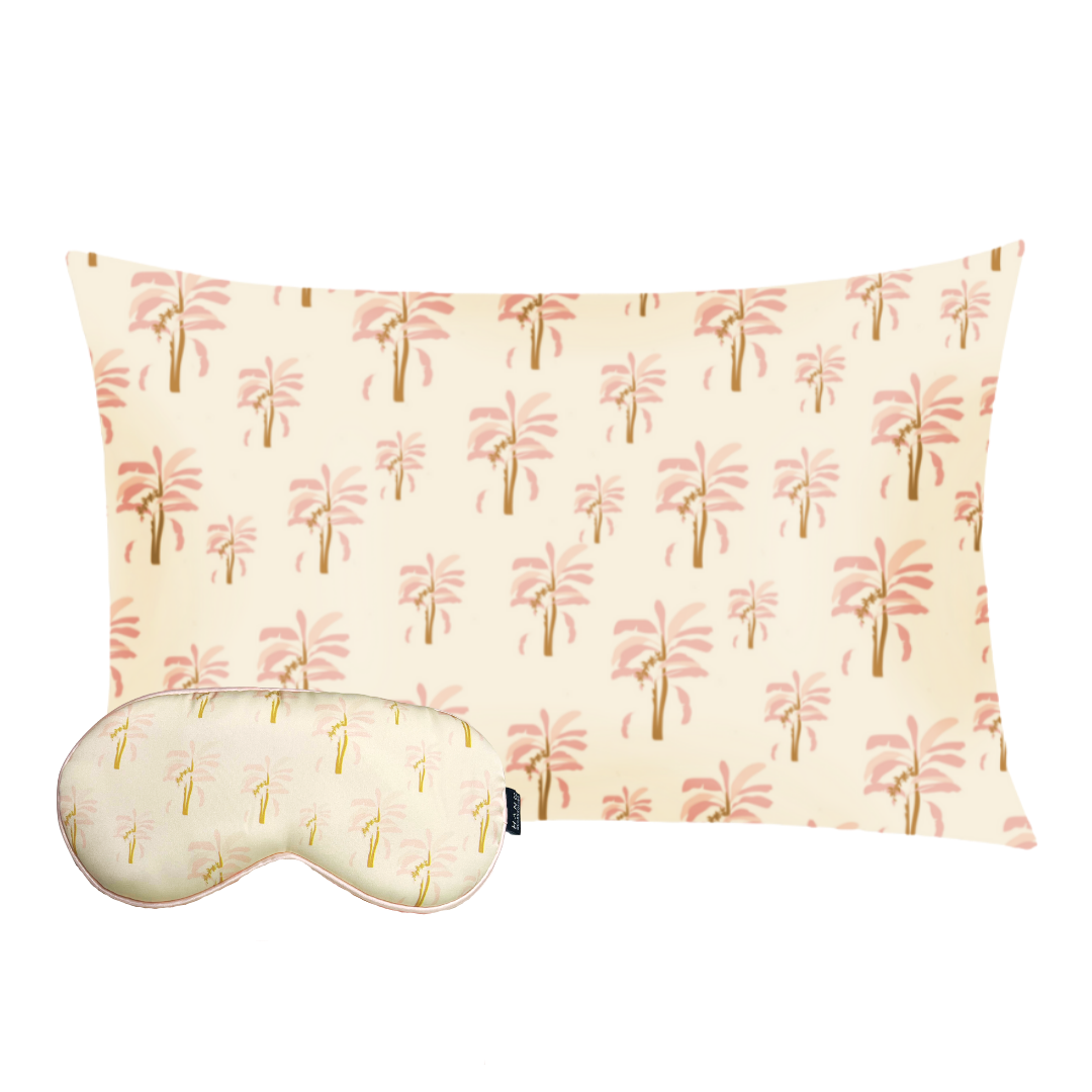 Pink Palm Eye Mask & Palm Pillowcase Satin Set