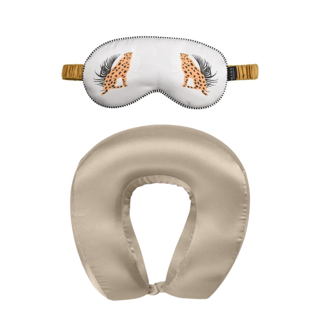Taupe Satin Memory Foam Neck Pillow and Cheetah Satin Eye Mask Set