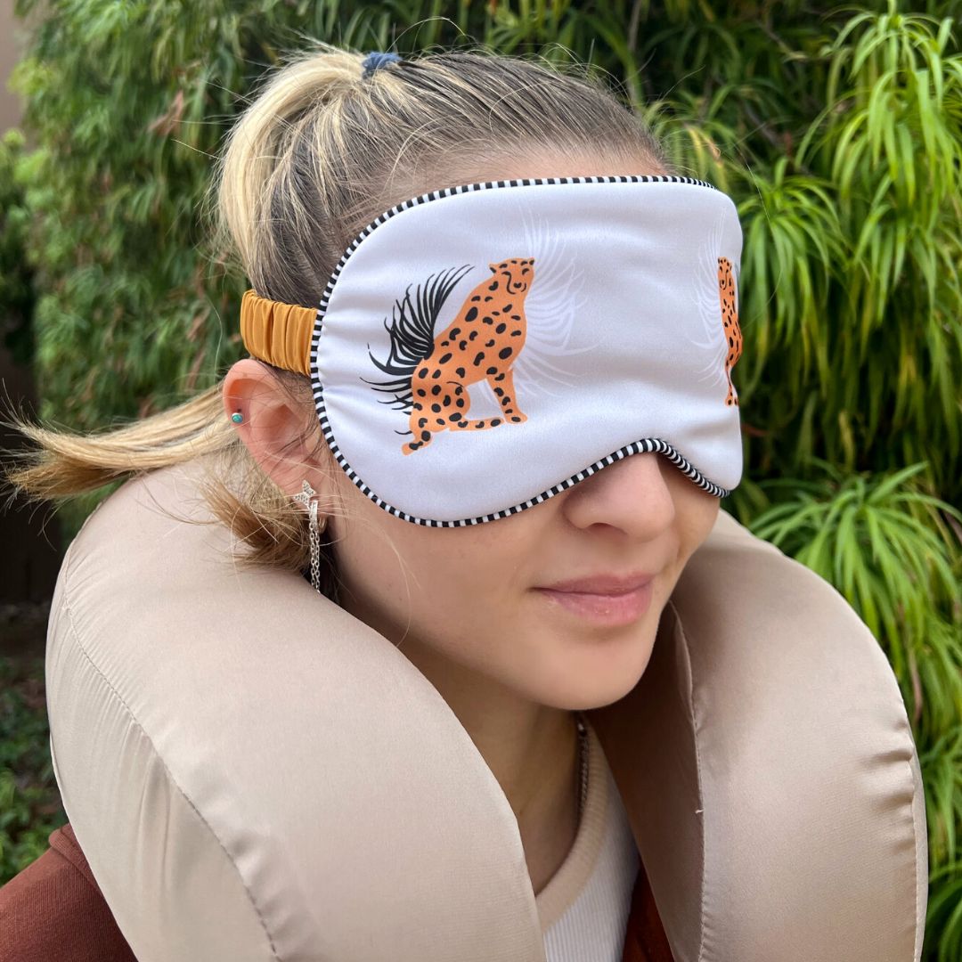 Taupe Satin Memory Foam Neck Pillow and Cheetah Satin Eye Mask Set