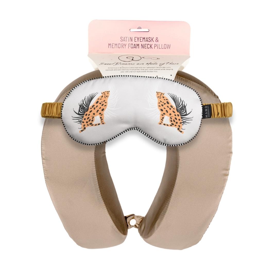 Taupe Satin Memory Foam Neck Pillow and Cheetah Satin Eye Mask Set