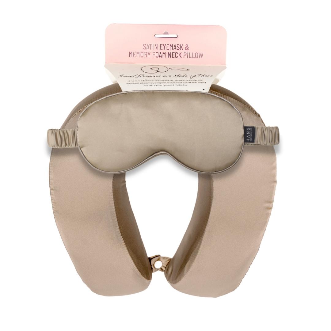 Taupe Satin Memory Foam Neck Pillow and Satin Eye Mask Set