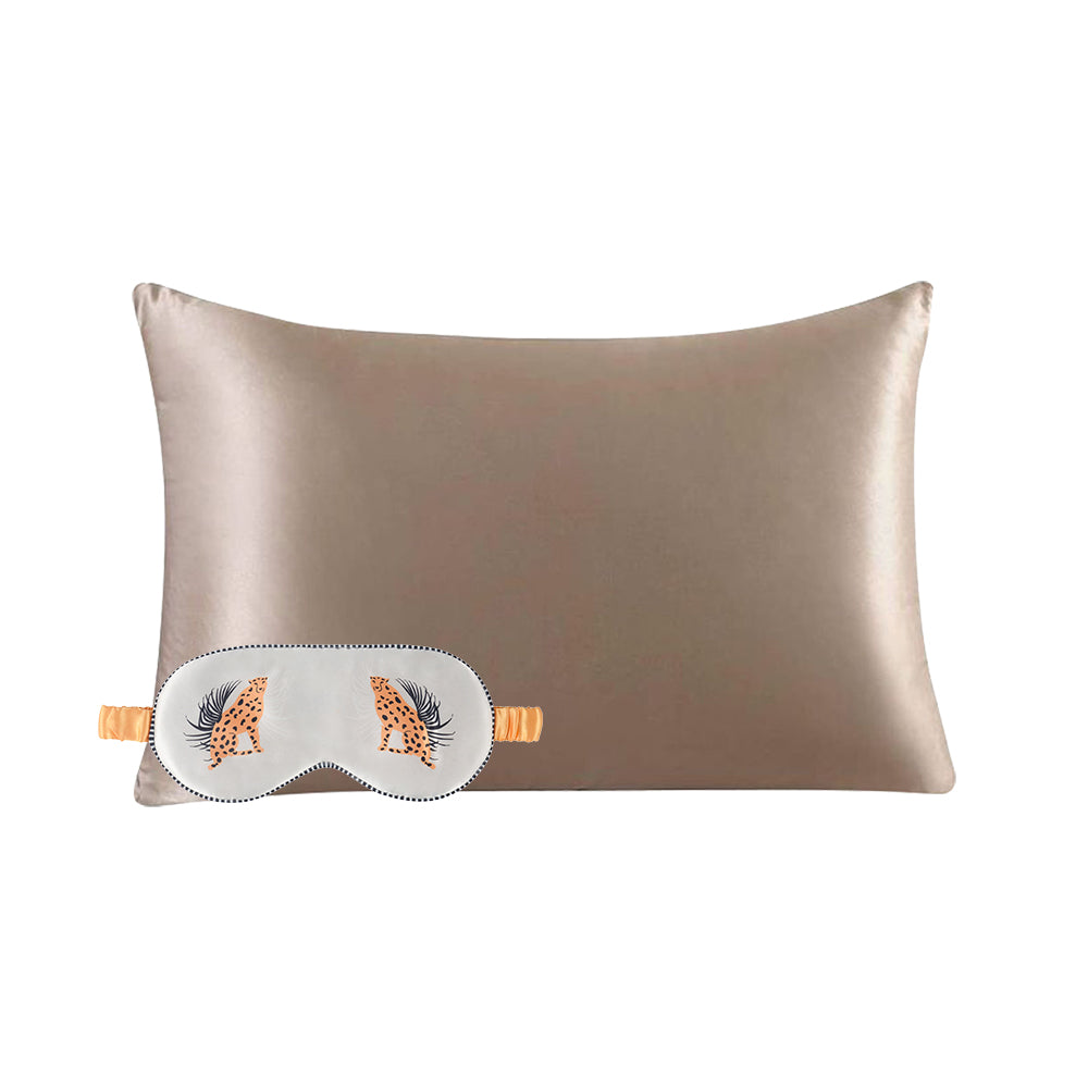 Cheetah Eye Mask & Taupe Pillowcase Satin Set