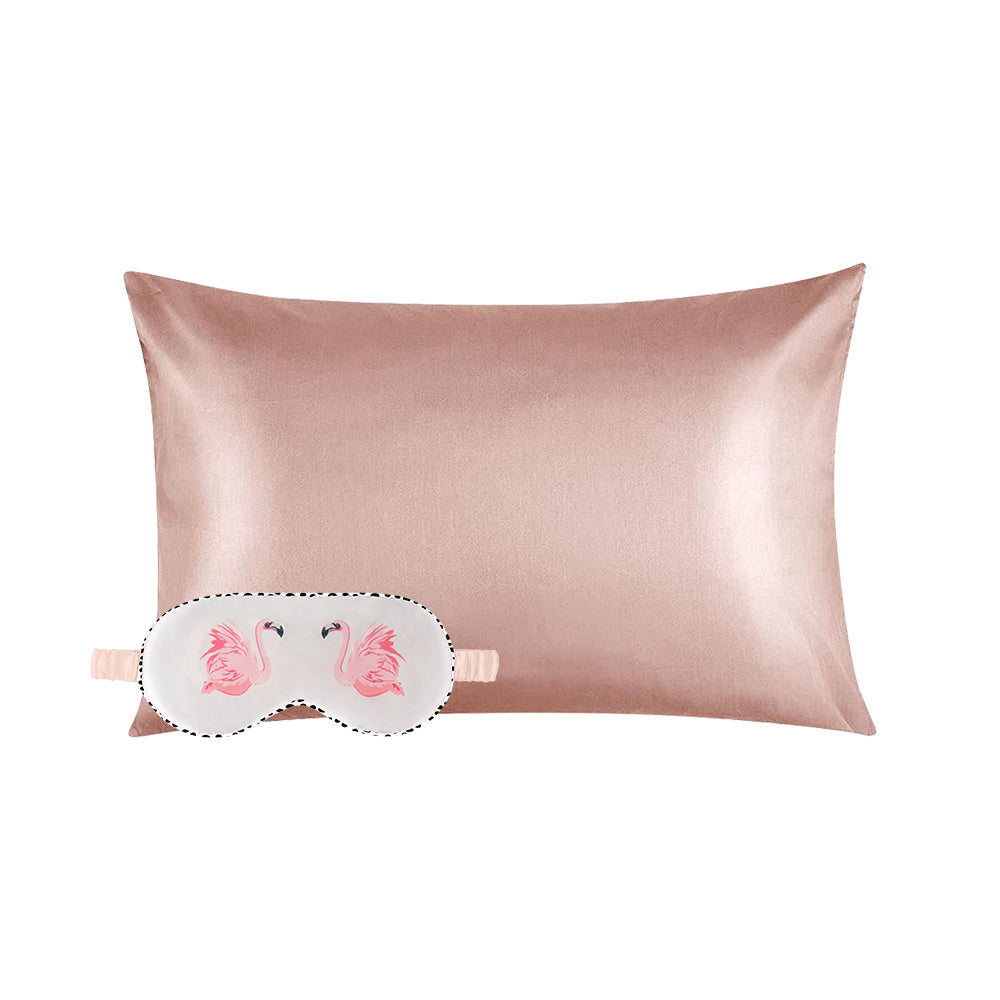 Flamingo Eye Mask & Blush Pillowcase Satin Set