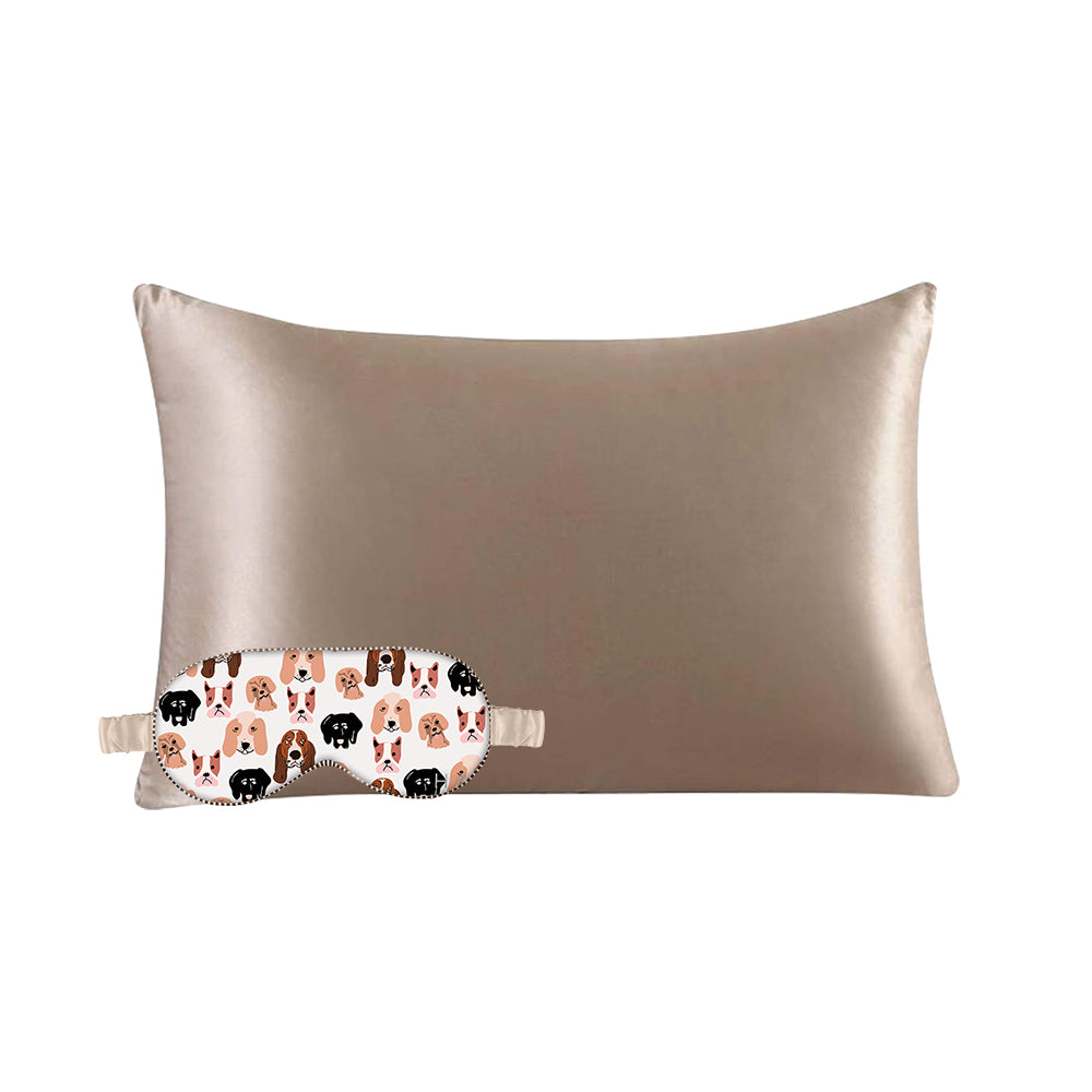 Dog Eye Mask & Taupe Pillowcase Satin Set