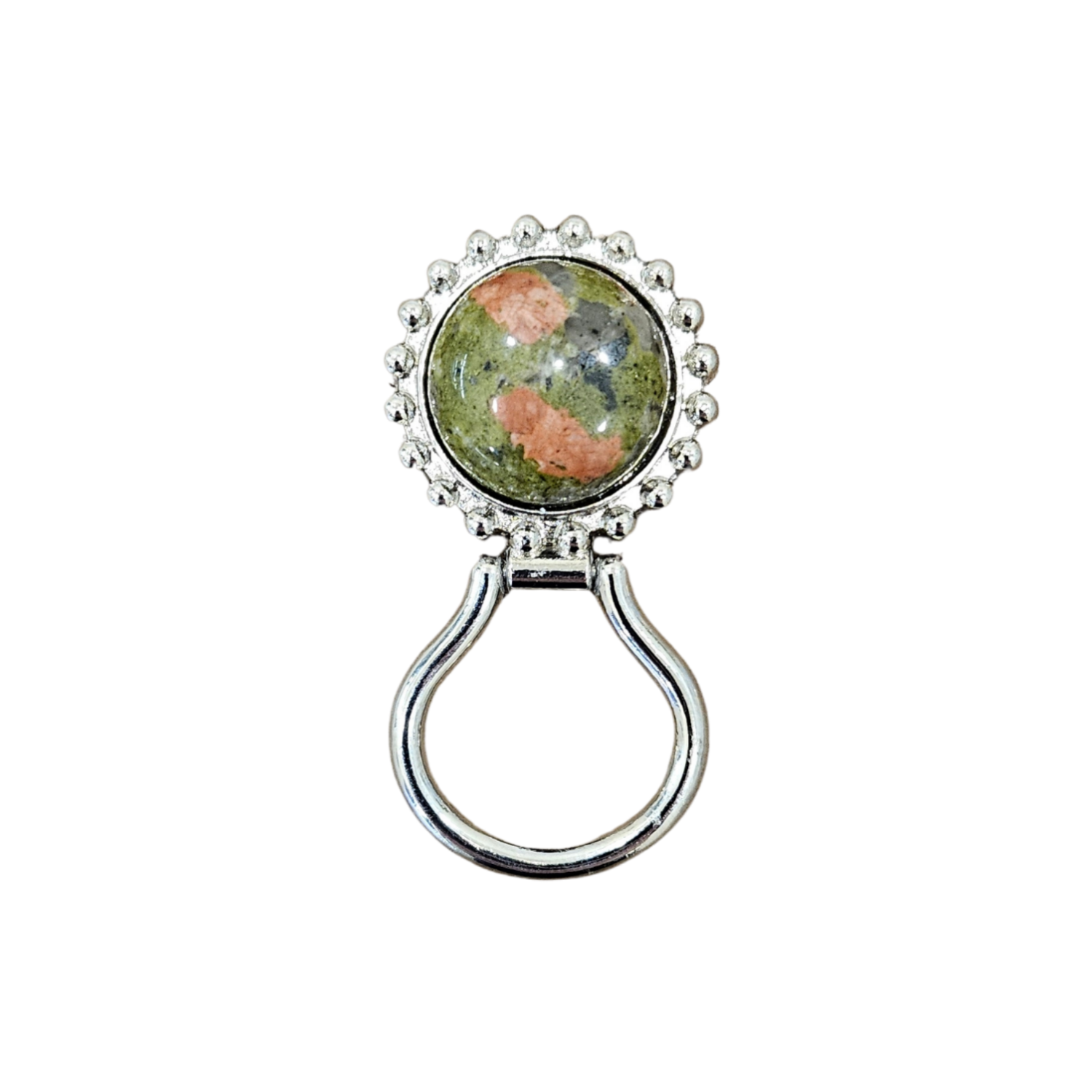 Unakite beaded eyeglass hanger with decorative metal accents