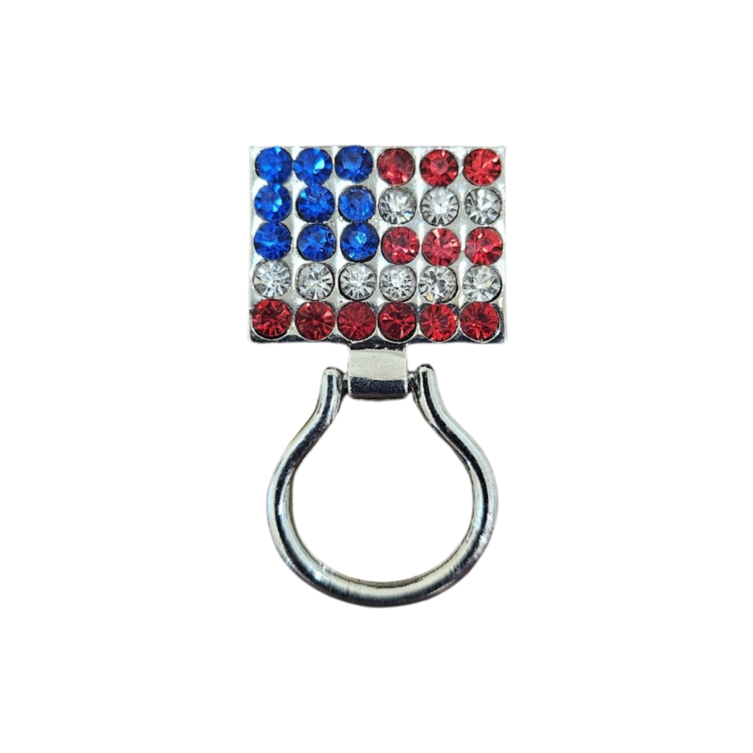 U.S. flag eyeglass hanger with red, white, and blue detailing