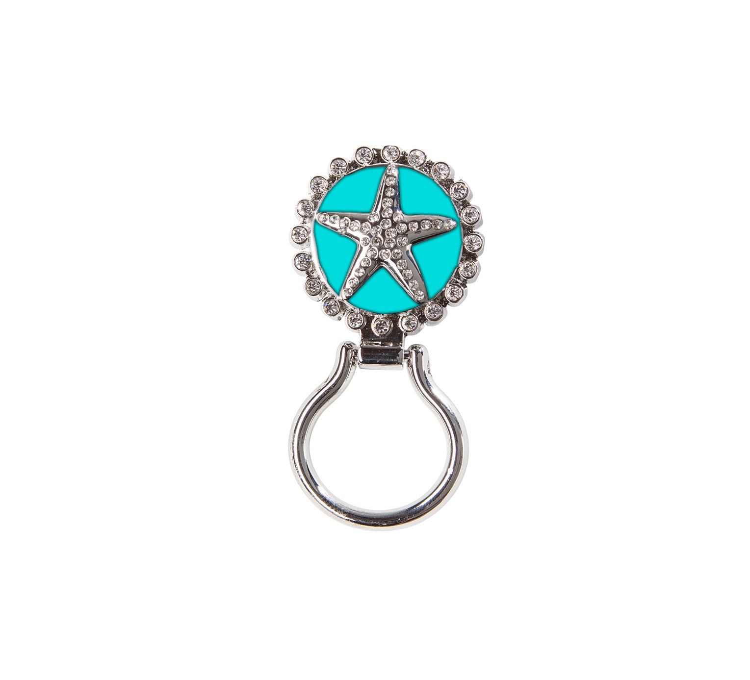 Silver eyeglass hanger with a turquoise medallion, rhinestone starfish, and crystal border