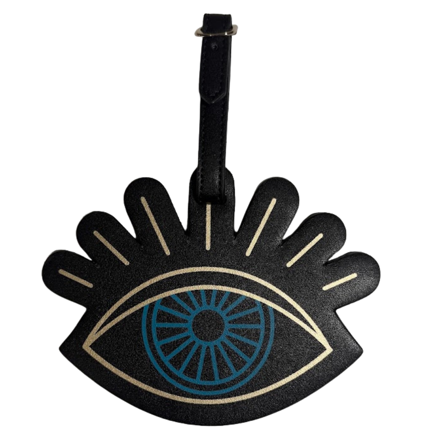 Black evil eye luggage tag with a blue iris, gold details and an adjustable buckle strap.