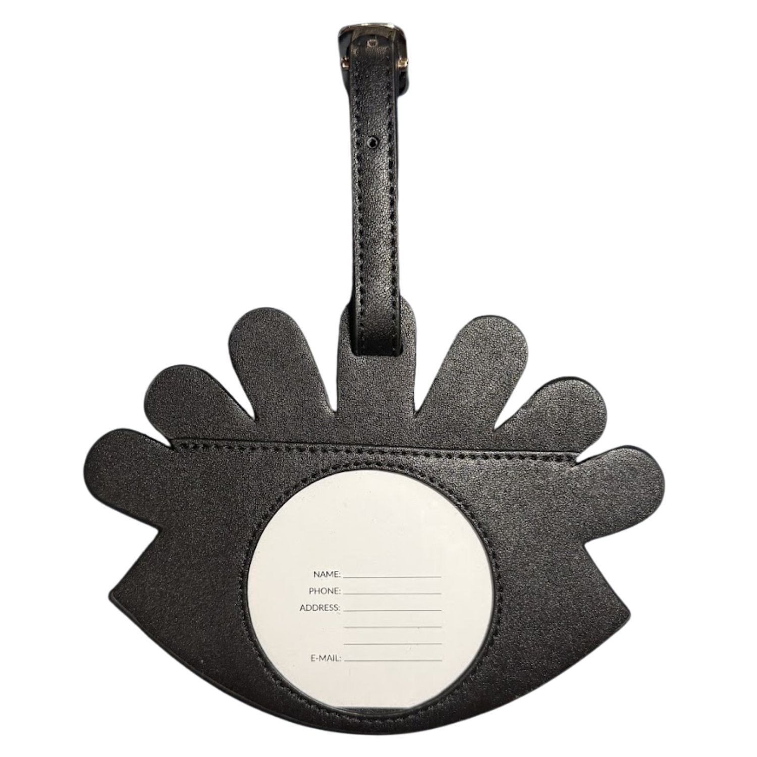 A black textured leather luggage tag shaped like a stylized hand or palm, with a white oval insert containing fields for name, phone, address, and email, and a black strap at the top, shown on a plain white background.