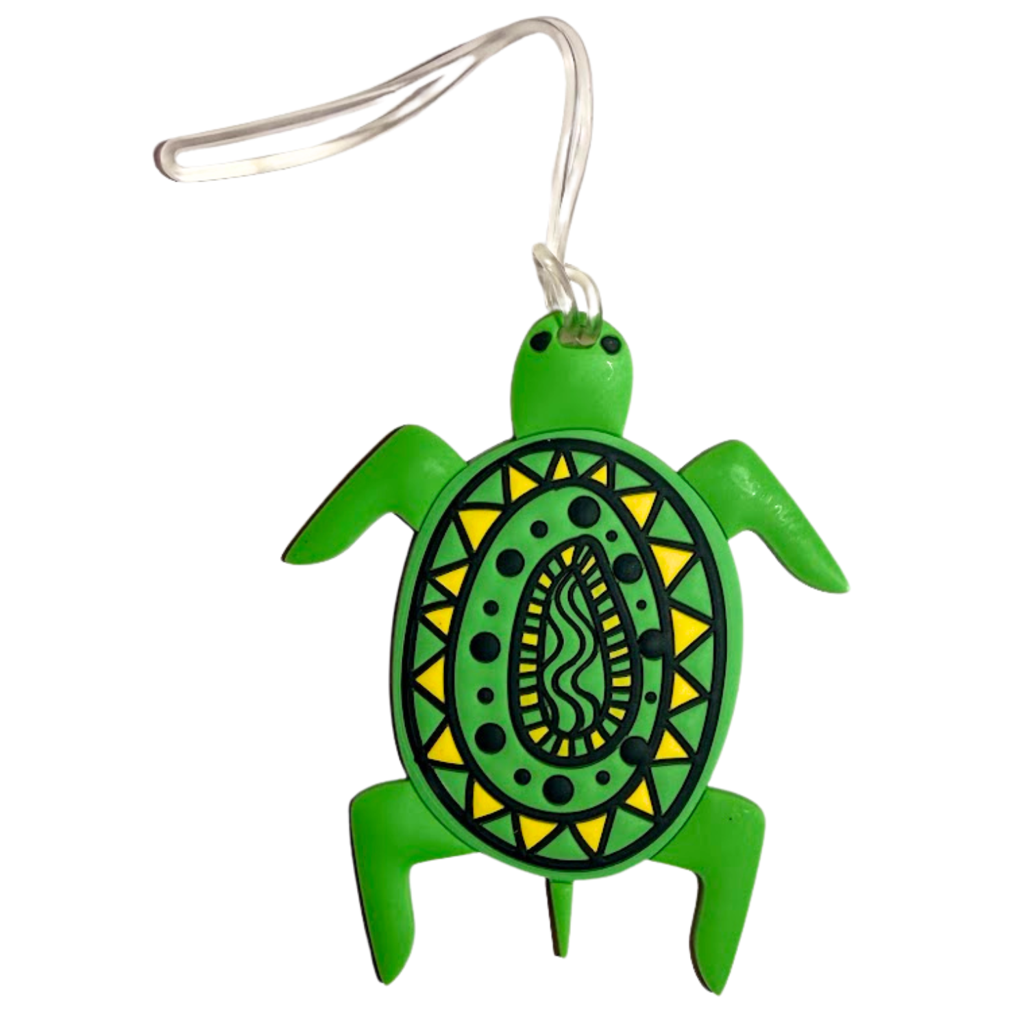 Green sea turtle silicone luggage tag with yellow and black patterned shell and clear attachment loop