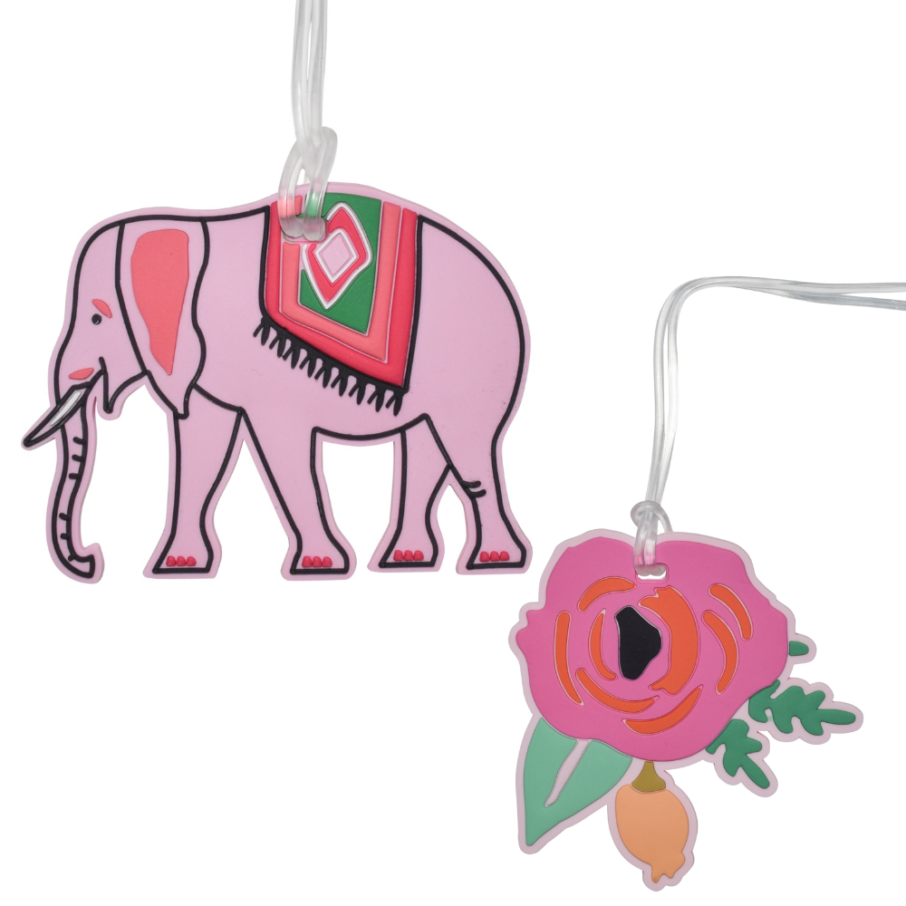 Elephant & Pink Flower Silicone Luggage Tag Set of 2