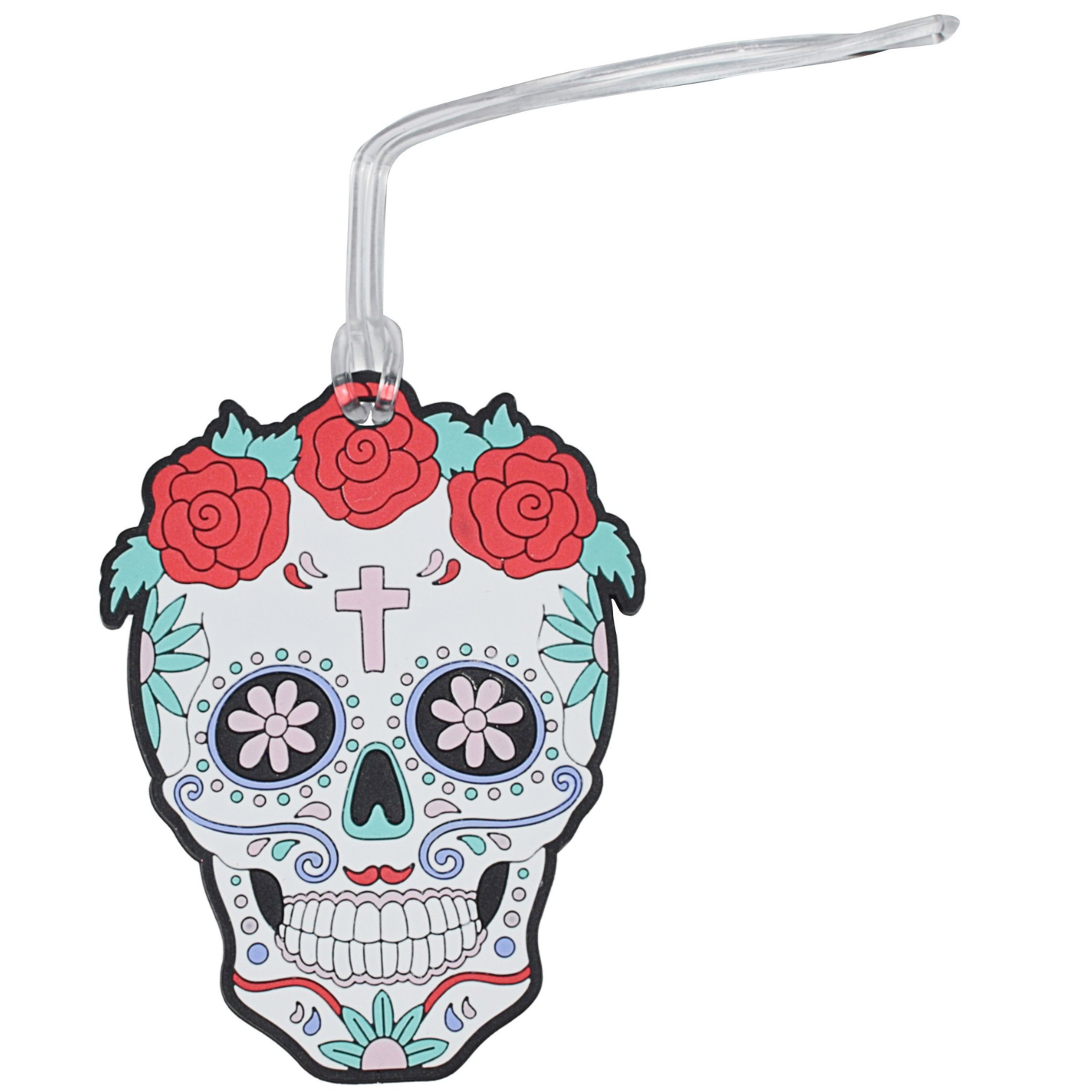 Floral sugar skull silicone luggage tag with red roses and clear attachment loop