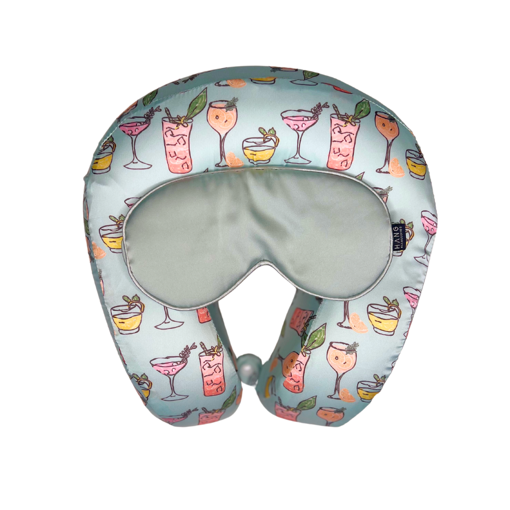 Tropical Cocktails Satin Memory Foam Neck Pillow and Seafoam Satin Eye Mask Set