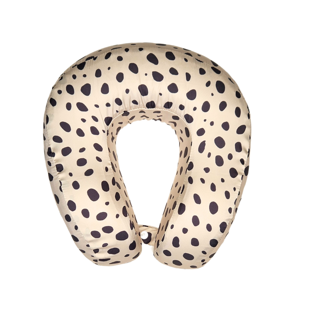 Cheetah Spot Satin Memory Foam Neck Pillow and Black Satin Eye Mask Set