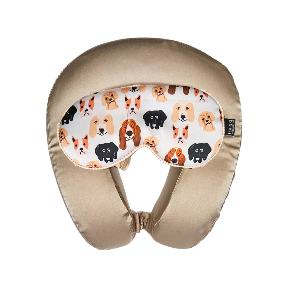 Taupe Satin Memory Foam Neck Pillow and Dog Satin Eye Mask Set