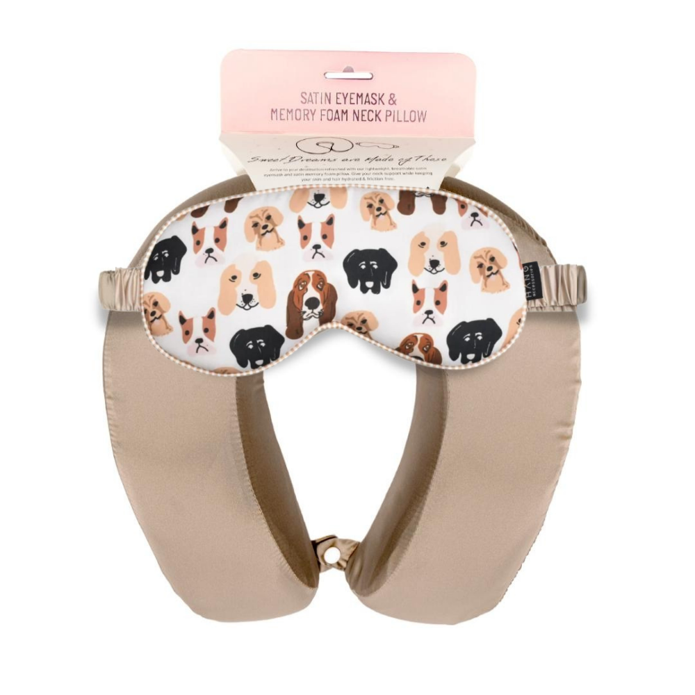 Taupe Satin Memory Foam Neck Pillow and Dog Satin Eye Mask Set