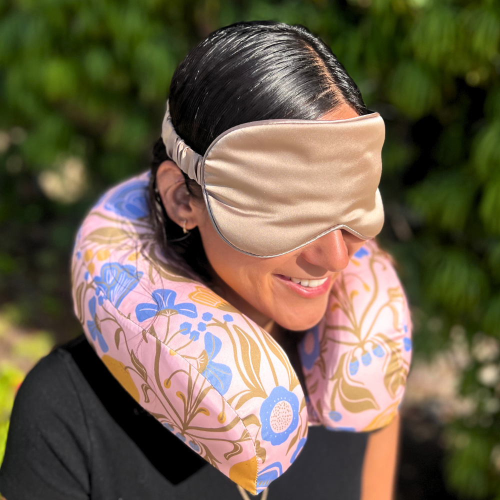 Amalfi Lemon Satin Memory Foam Neck Pillow and Taupe Satin Eye Mask Set