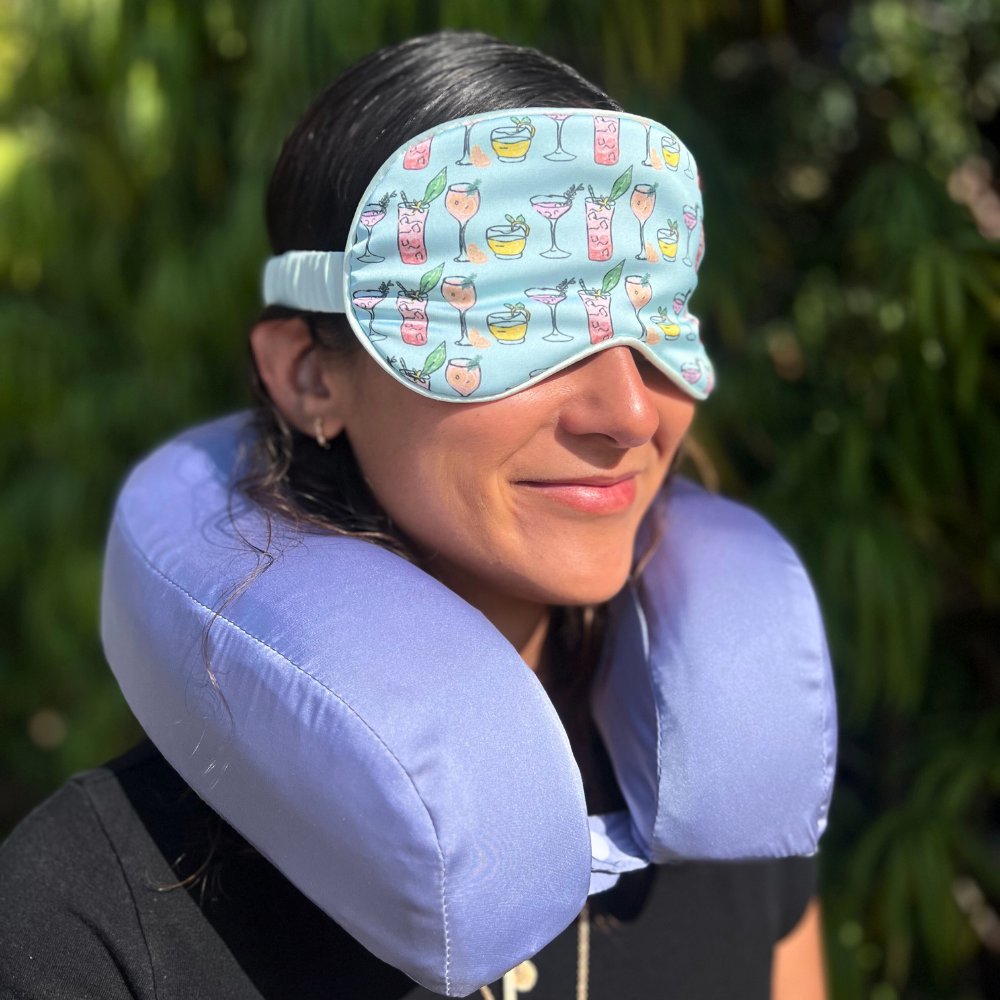 Periwinkle Satin Memory Foam Neck Pillow and Cocktails Satin Eye Mask Set