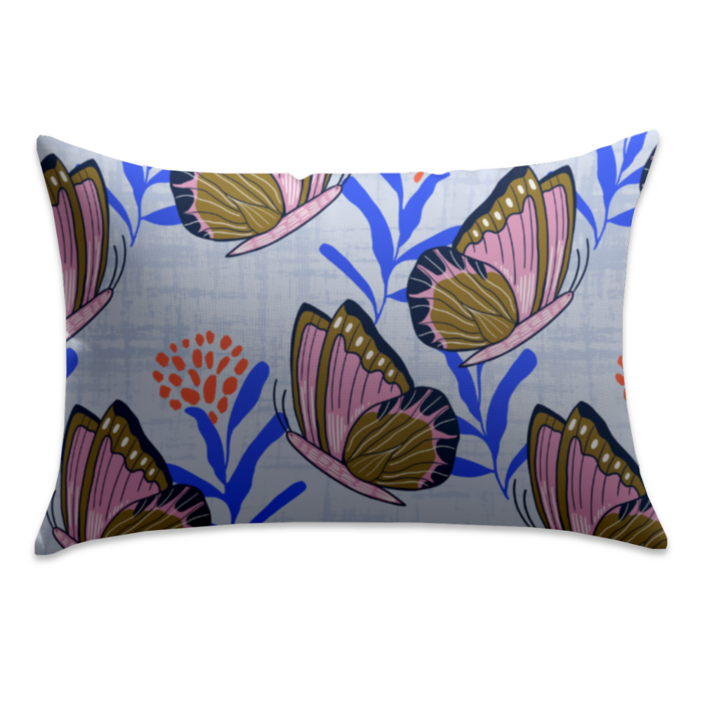 Butterflies satin pillowcase featuring pink and gold butterflies, blue stems, and orange flowers on a pale blue background.