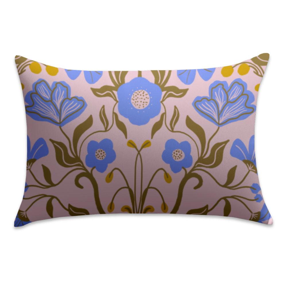 Amalfi Lemon satin pillowcase featuring blue flowers, olive green vines, and yellow lemons on a pink background.