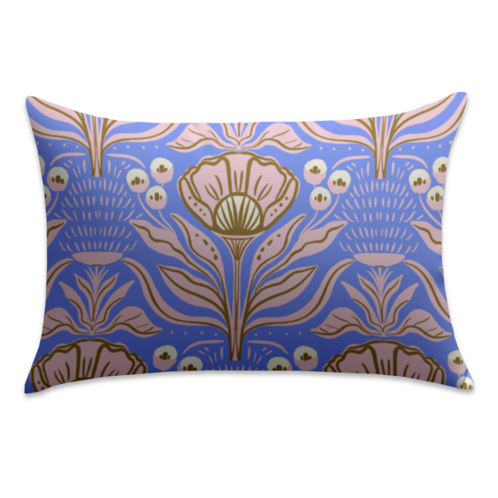 Art Deco satin pillowcase featuring stylized pink flowers and leaves with olive gold outlines on a periwinkle blue background.