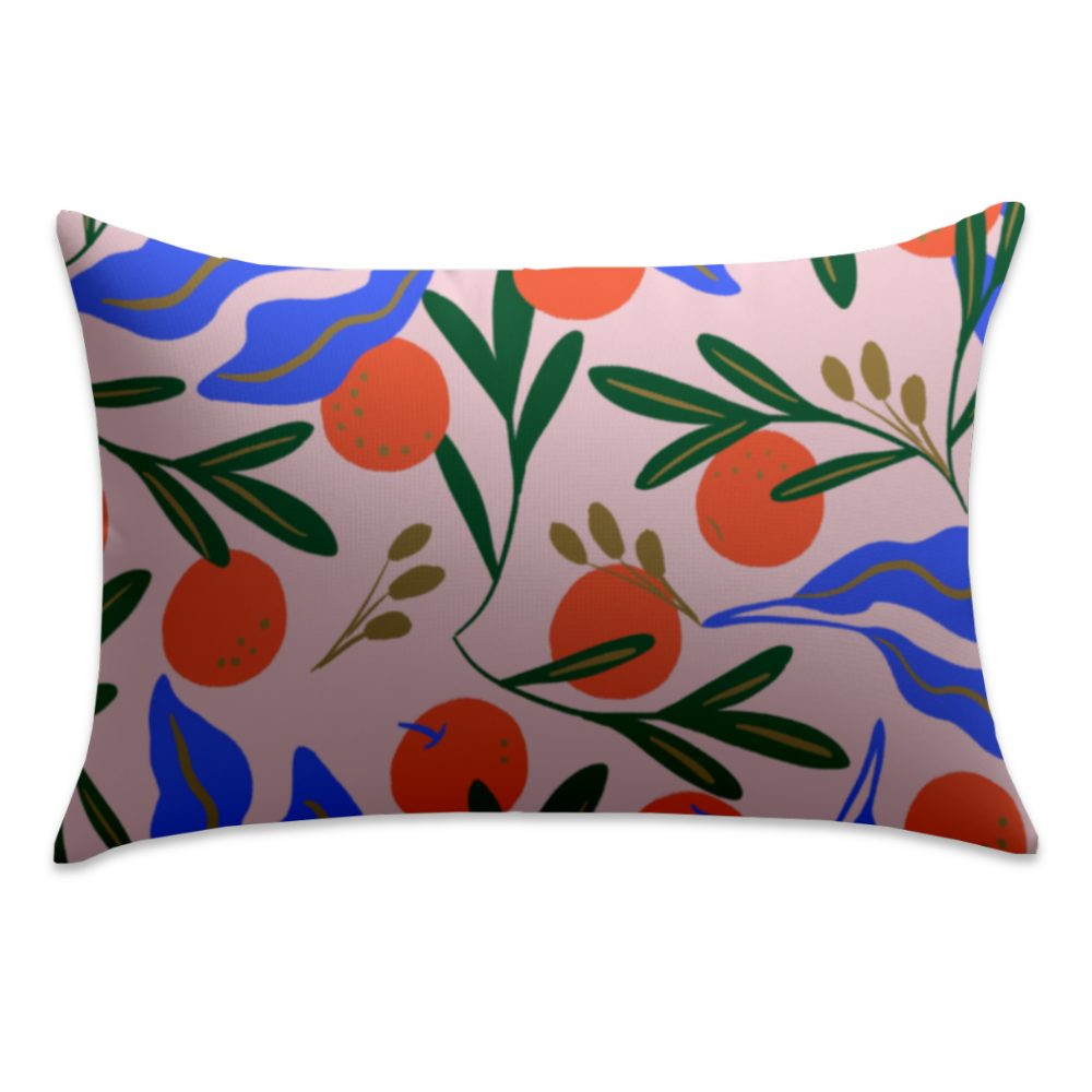 Italian Orange satin pillowcase featuring oranges, green foliage, and blue leaves on a pink background.