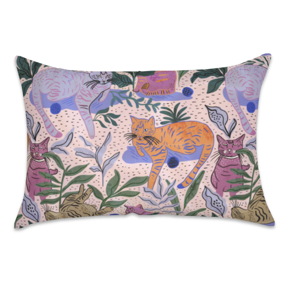 Cats satin pillowcase featuring colorful illustrated cats among green and lavender foliage on a pale pink background