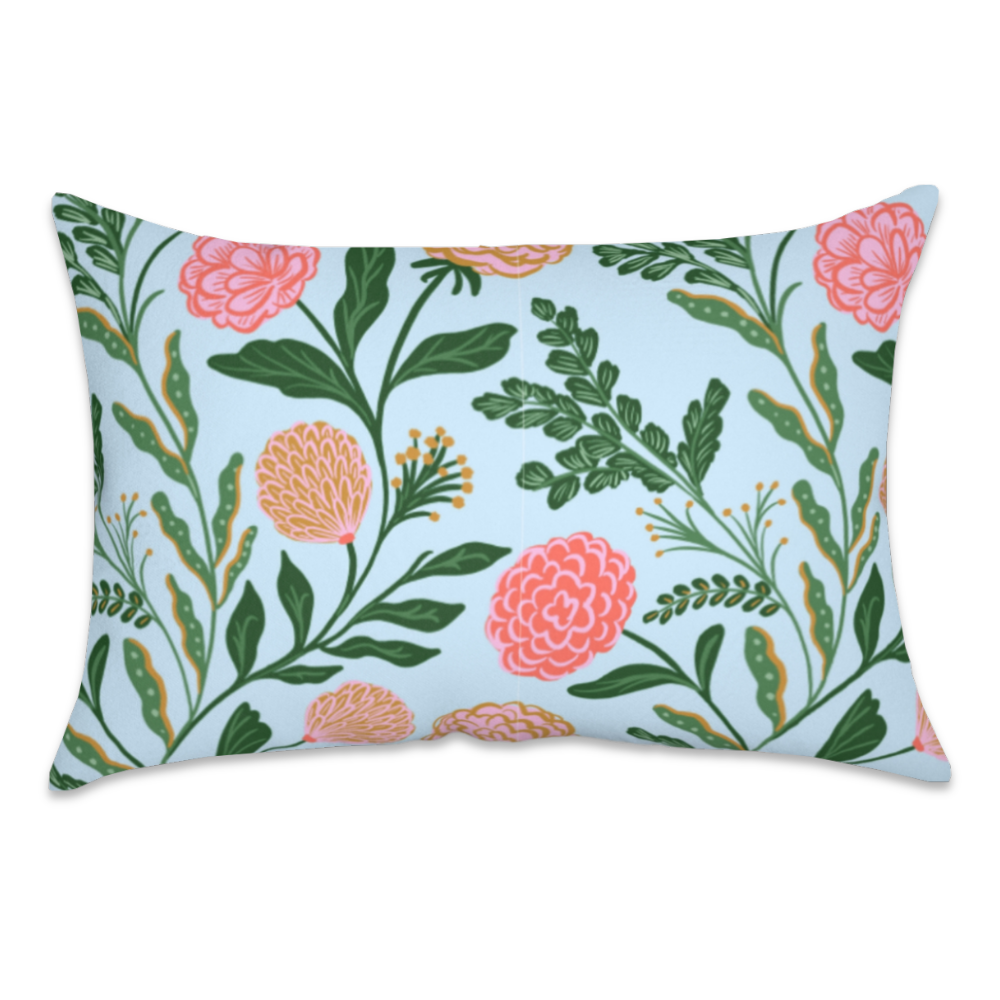 Blue Floral satin pillowcase featuring pink and coral flowers with green foliage on a light blue background.