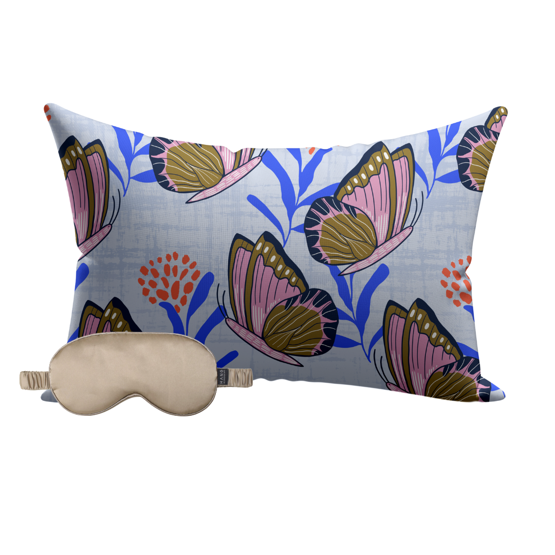 Butterflies Satin Pillowcase & Taupe Satin Eye Mask Sleep Set