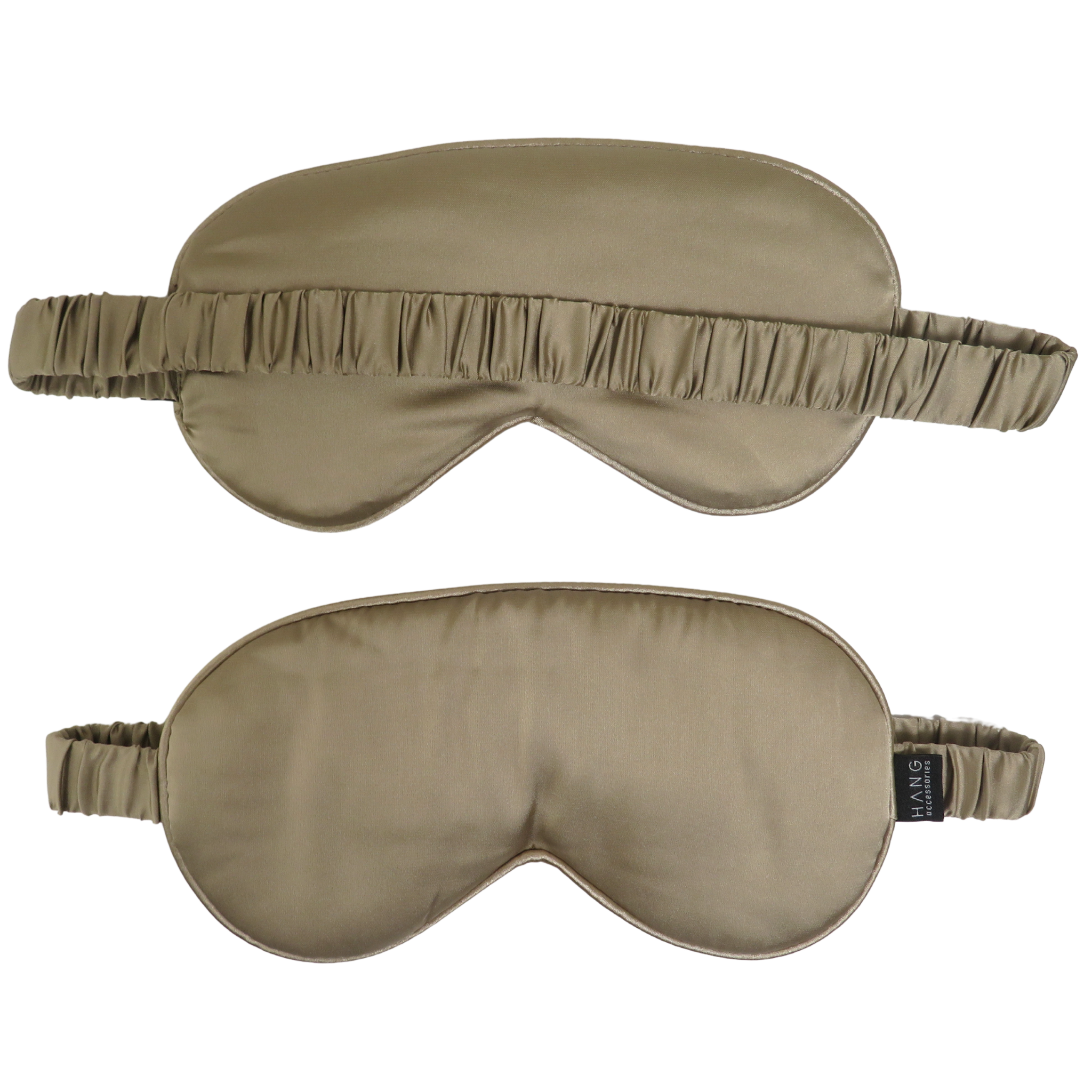 Two satin sleep masks in a muted taupe-beige color, shown from the front on a plain white background.