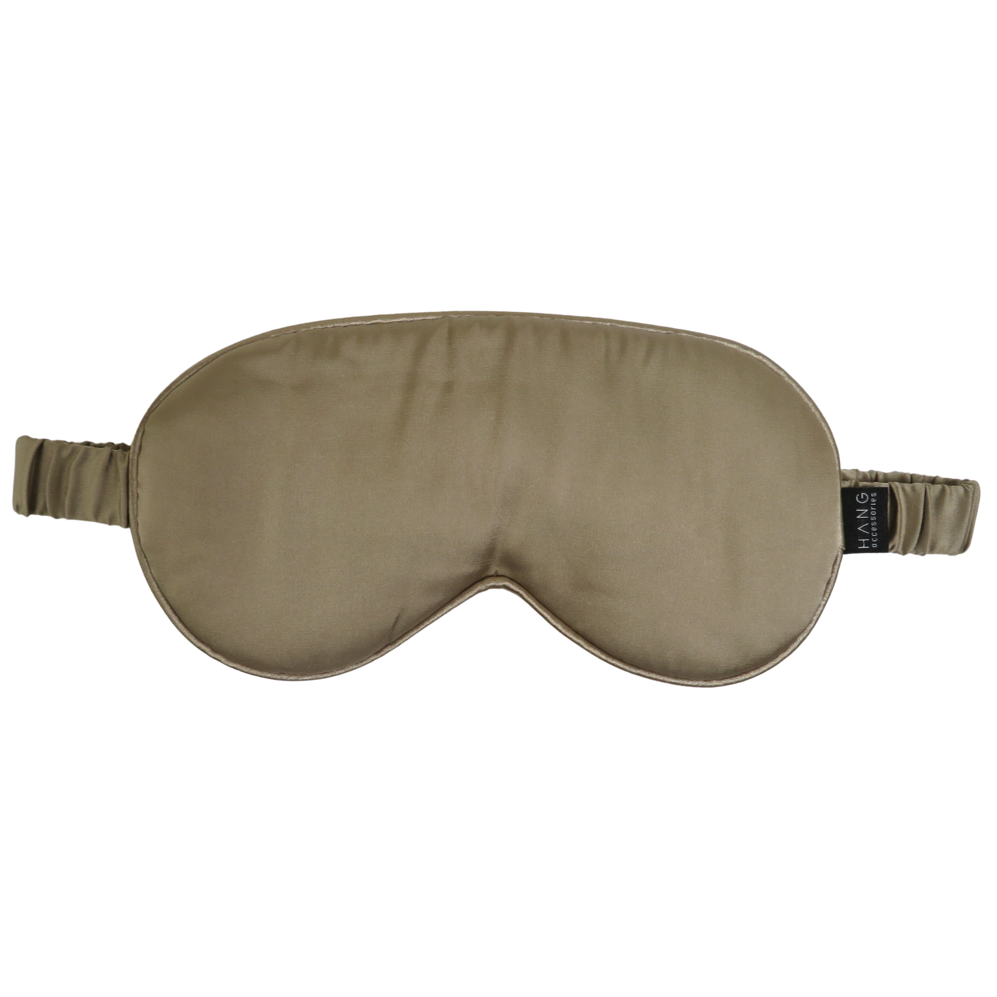 A taupe-colored silk sleep mask with an elastic strap, shown flat against a solid white background.
