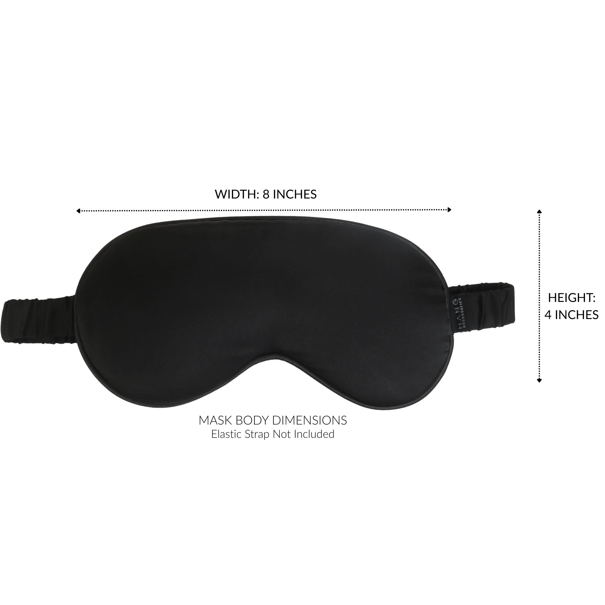 Black sleep mask with dimension annotations showing a width of 8 inches and a height of 4 inches, on a plain white background.