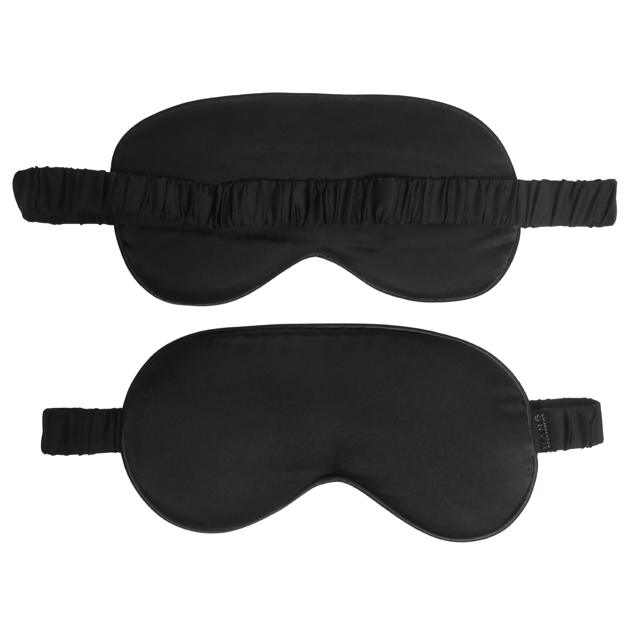 Two black sleep masks with elastic straps, shown from the front on a plain white background.