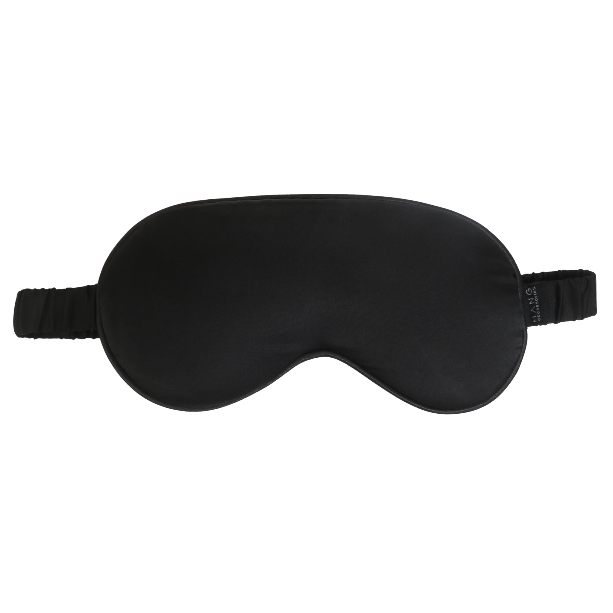 A black sleep mask with an elastic strap, shown flat against a solid white background.